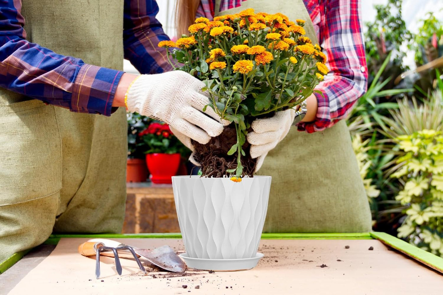 7 Inch Plant Pots 5 Pack, Flower Planters with Drainage Holes and Trays,Plastic Pots for Indoor Outdoor Plants,White