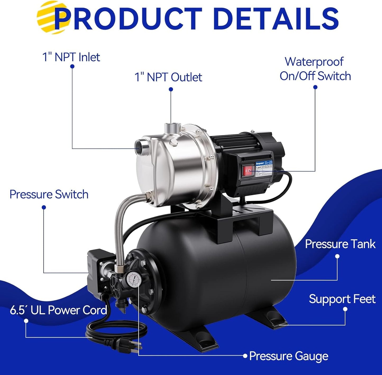 Acquaer 1.6 HP Shallow Well Pump with Pressure Tank, Stainless Steel, 1320 GPH 115V Irrigation, Automatic Water Booster Jet Pump for Home, Garden, Lawn
