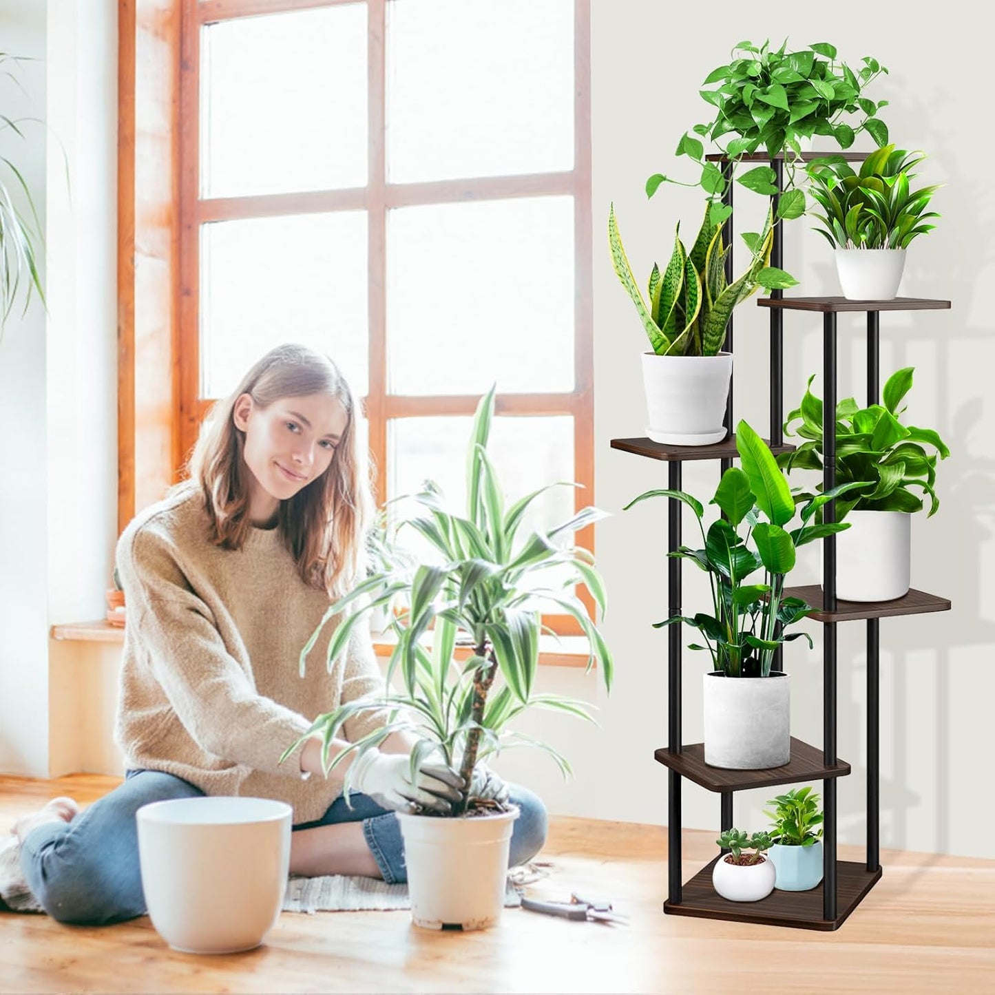 6 Tier Wood Tall Plant Stand Metal Rack Indoor, Multiple Flower Pot Holder Shelves Corner Rack, Planter Shelf Display Rack Storage Organizer for Patio Living Room Balcony Garden(Black Oak)