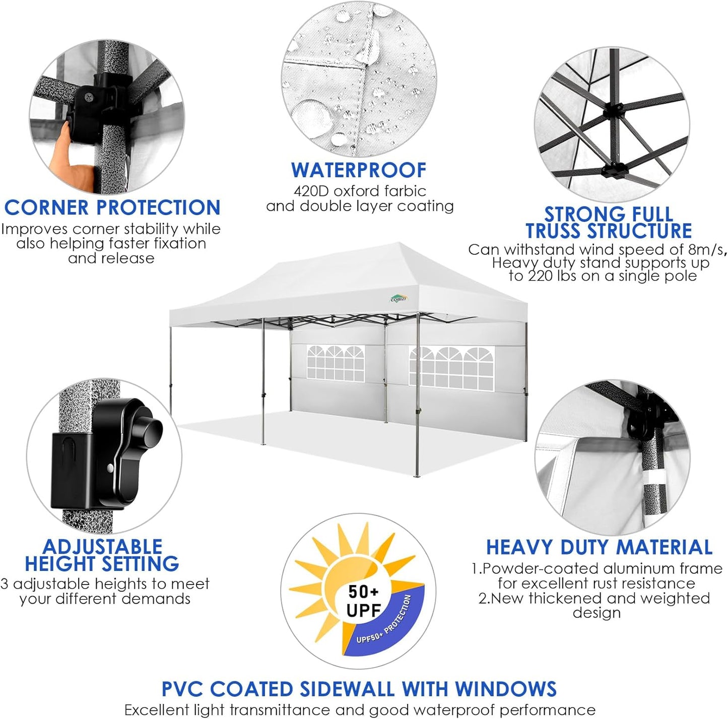 COBIZI 10x20 Canopy with Sidewalls, Heavy duty Party Tent Pop up carpas para fiestas, Tents for Parties, wedding, Outdoor Ez up Foldable Portable Canopy Tent with Wheeled Bag, White(Windproof Upgrade)