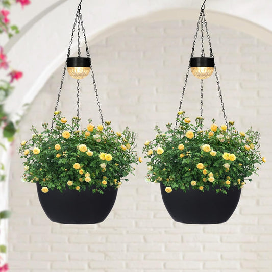 2 Packs Hanging Planters Basket for Outdoor Plants, Solar Powered Self Watering Black Round Plastic Flower Pots with Drainer for Balcony Patio Garden Outdoor Decoration