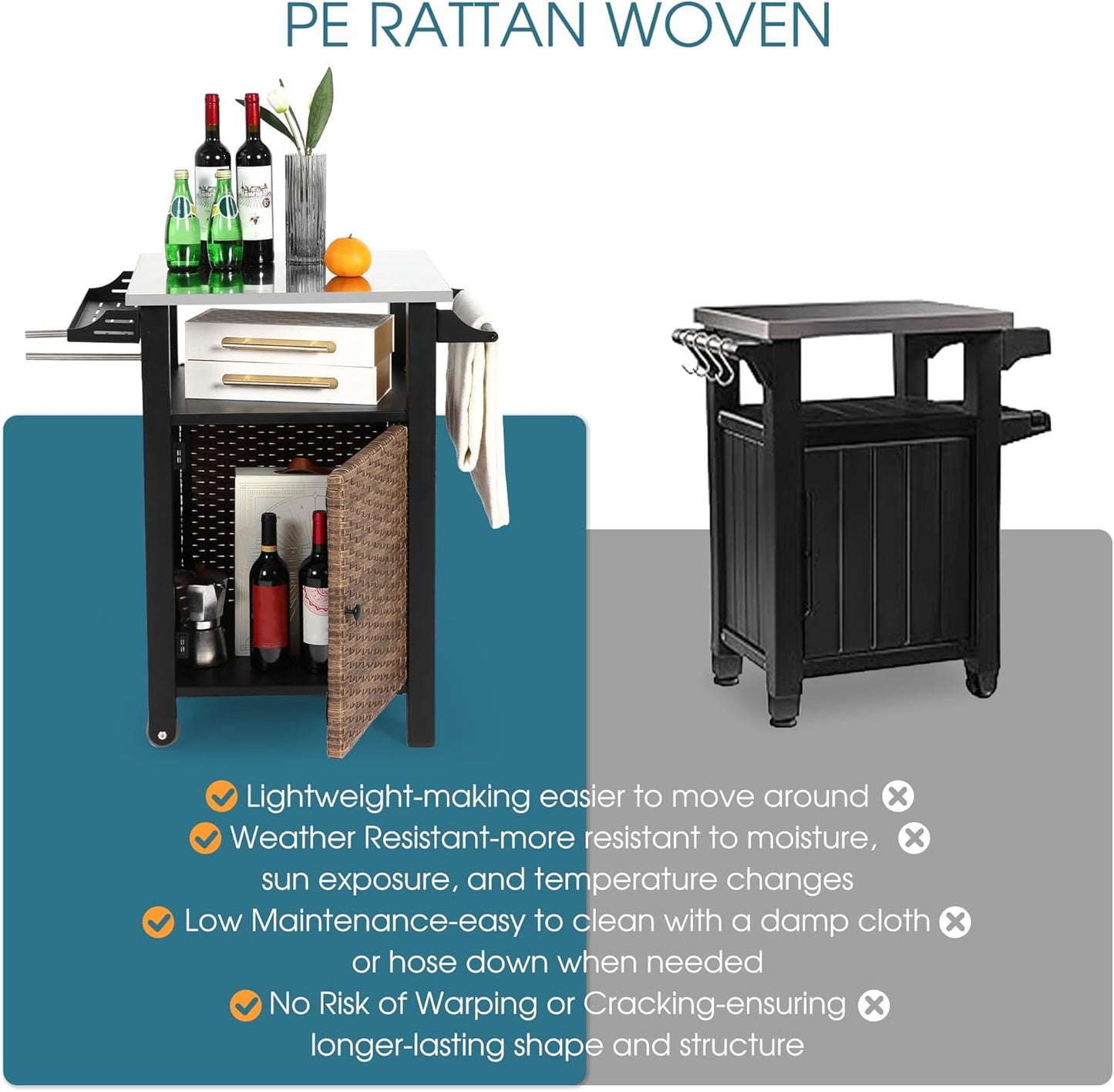 Grill Cart Outdoor with Wheels, Outdoor Prep Table with Wicker Storage and Rolling Wheels, Samll Kitchen Island Serving Cart with Stainless Steel Table Top for BBQ, Porch, Patio, Brown