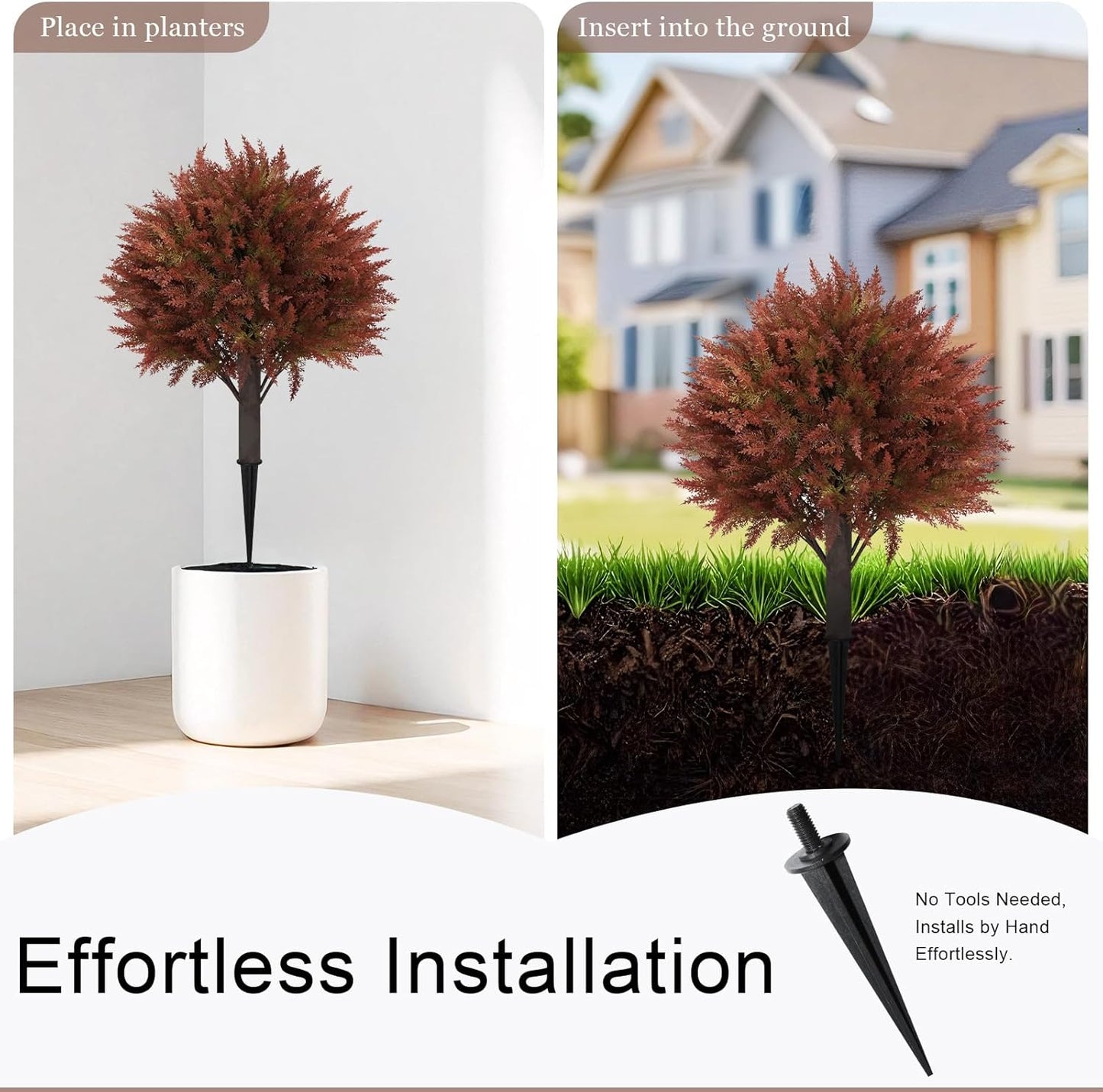 24" Artificial Cedar Topiary Ball Bushes, Set of 2 UV Resistant Fake Trees Outdoor Shrubs with Stake, Weatherproof Faux Plants for Planter, Front Porch, Garden, Yard, Patio Fall Decor