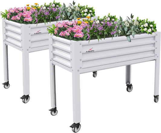 A ANLEOLIFE 2-Set Galvanized Raised Garden Bed with Legs,48x24x35in Large Elevated Planter Box on Wheels with Drainage Holes for Backyard, Balcony, Patio, 600lb Capacity, Antique White