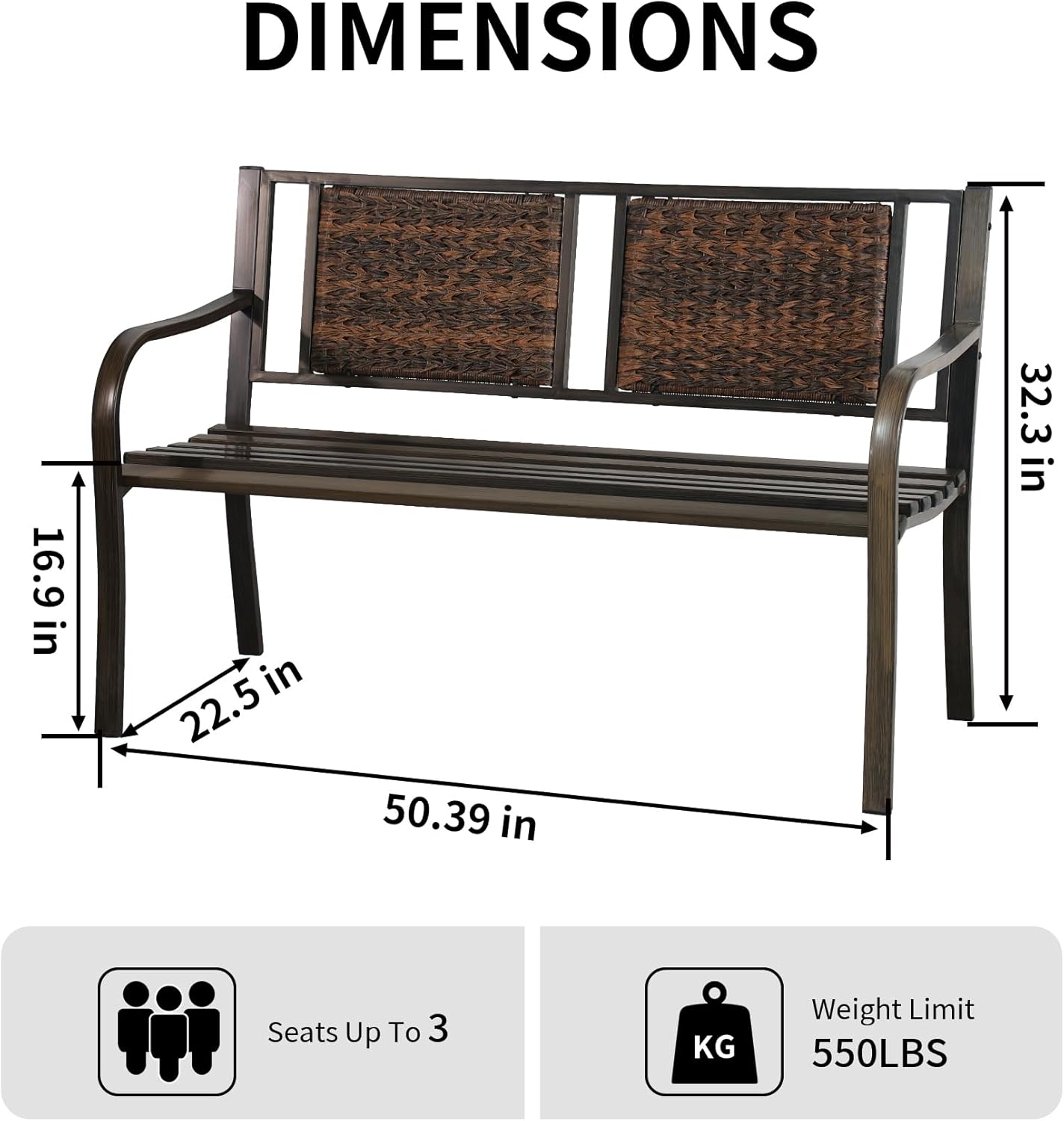 YLGJ&TIDY 50" Outdoor Bench, Metal Garden Bench, Patio Park Bench with Backrest & Armrests, Rust-Resistant, Perfect for Gardens, Parks, Porch, Lawn and Yard (Country Rustic)