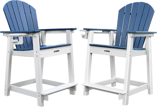 Tall Adirondack Chairs Set of 2, Adirondack Barstools, Weather Patio Garden Pool Fire Pit Balcony Outdoor Bar Stools HDPE Plastic Barstools with Backs for Garden, Backyard, Yard (Blue)