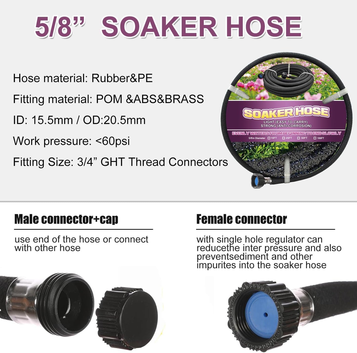 Soaker Hose 50ft - Garden Rubber Soaking Drip Hoses 5/8" Saving 70% Water Garden Hose, Drip Irrigation Round Hose for Lawn Yard, flower beds