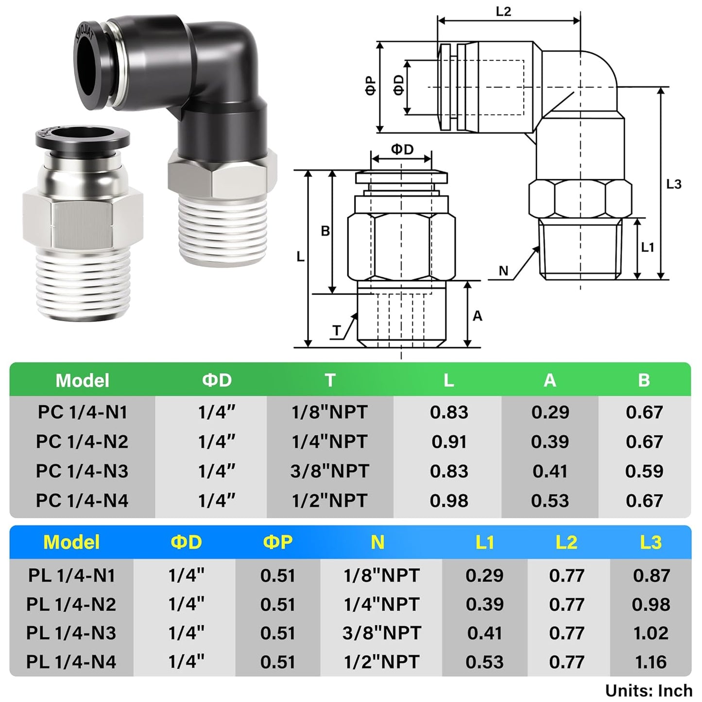 TAILONZ PNEUMATIC Elbow and Straight Combination 1/4 Inch Tube OD x 1/8 Inch NPT Thread Push to Connect Fittings PC-1/4-N1+PL-1/4-N1(Pack of 30)