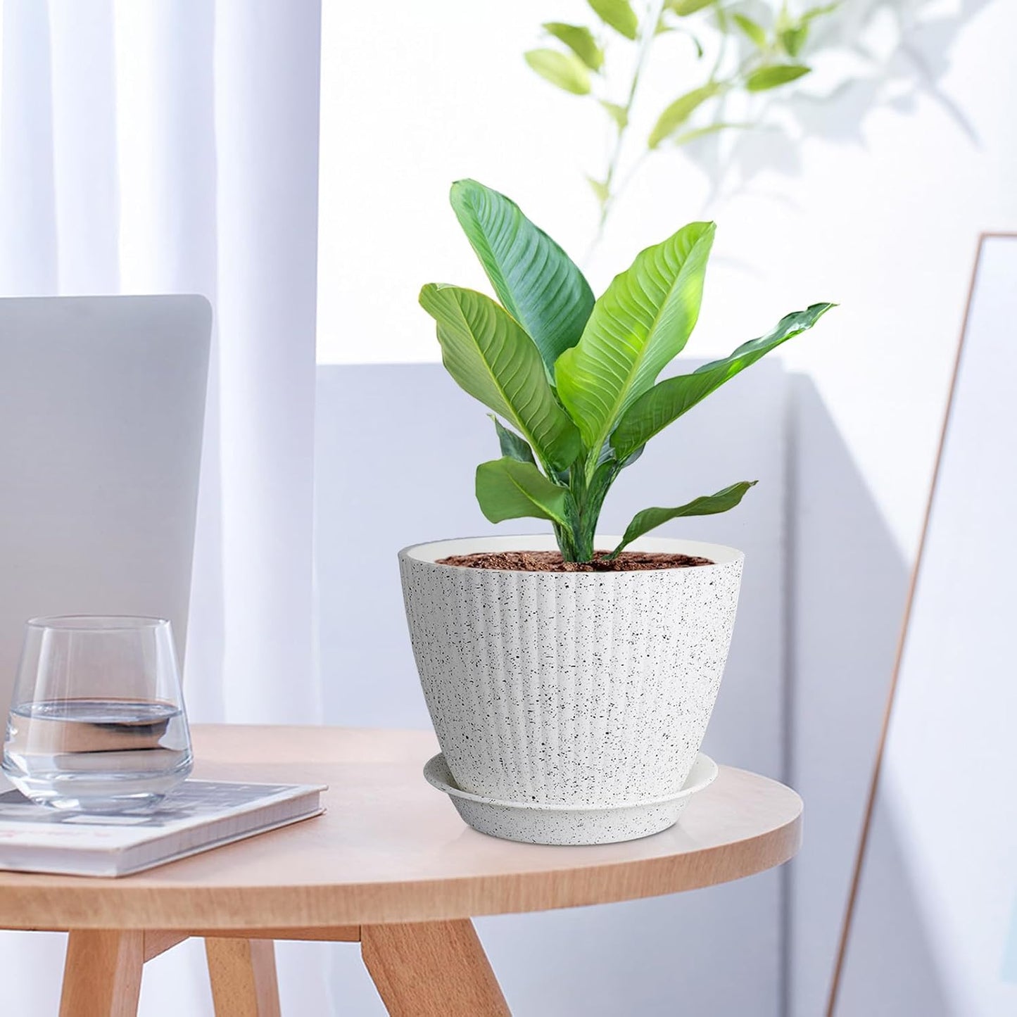 7/6.2/5.5/5/4.5/4 inch Flower Pots, 6 Pack Plant Pots for Small Indoor Outdoor Plants, Plastic Planters with Drainage Holes and Saucers for Garden Succulent House Plants, Speckled White