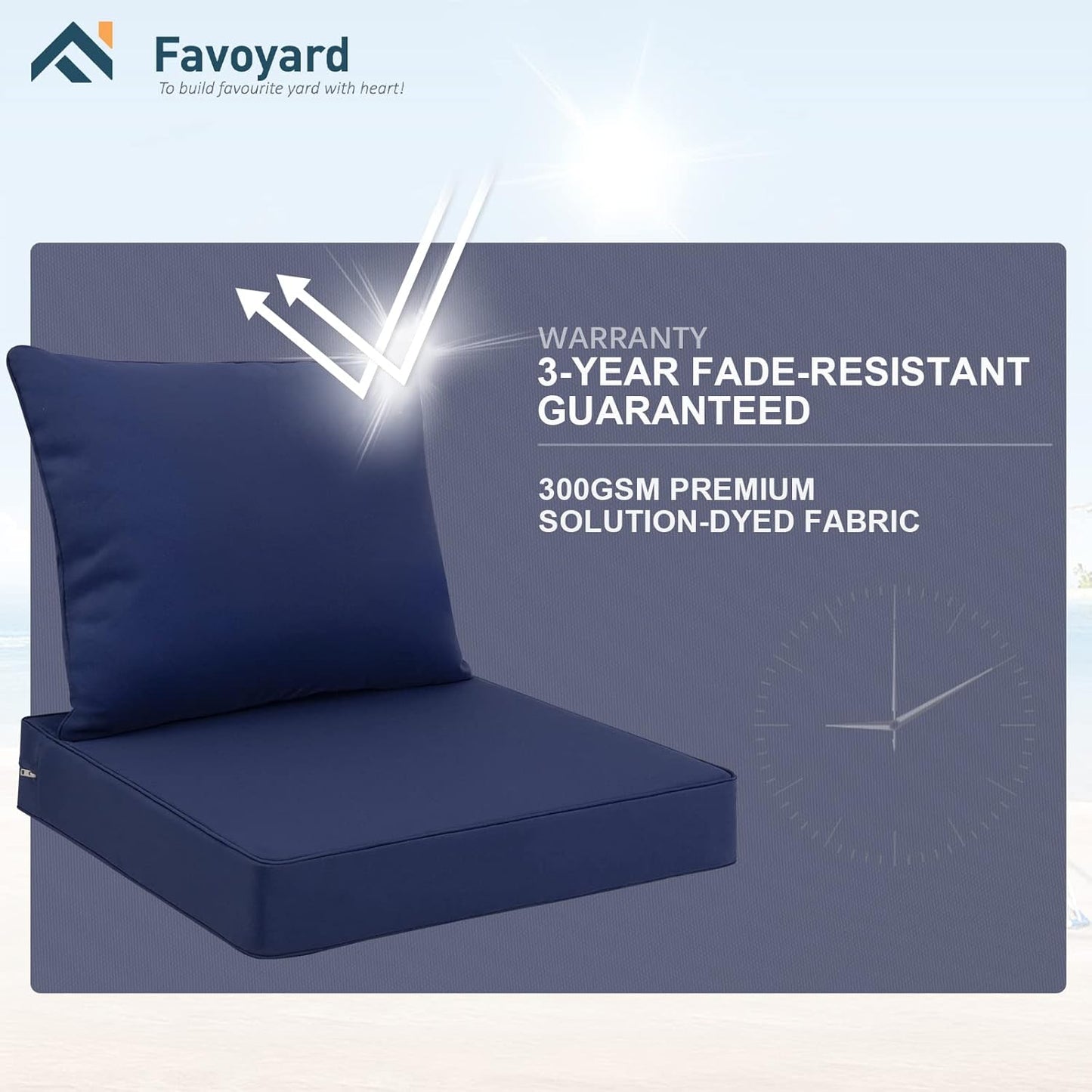 Favoyard Outdoor Seat Cushion Set 22 x 24 Inch Waterproof & Fade Resistant Patio Furniture Cushions with Removable Cover Deep Seat & Back Cushion with Handle and Adjustable Straps for Chair Sofa Couch