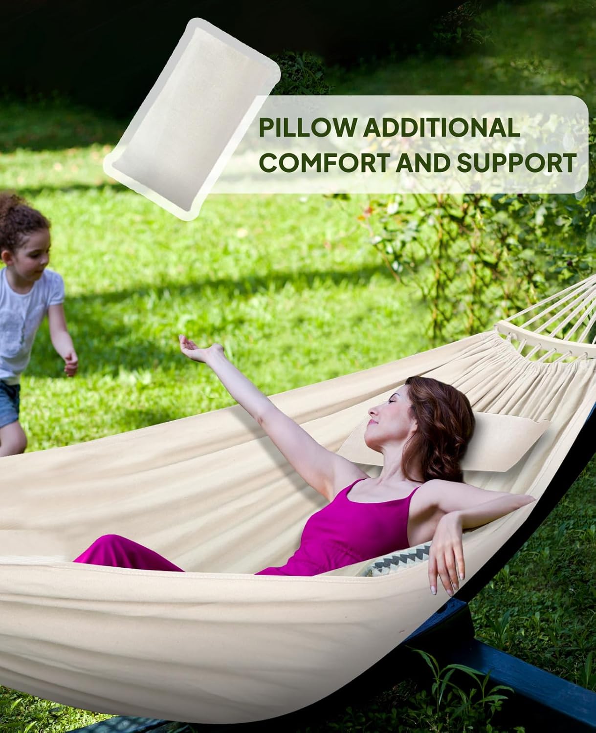 Chihee Cotton Hammock Large Soft Breathable Camping Hammock Holds Up to 660lbs Portable Tree Hammock with Detachable Spreader Bar Pillow 2 Strong Webbings 2 Carabiners Patio Garden Indoor Outdoor