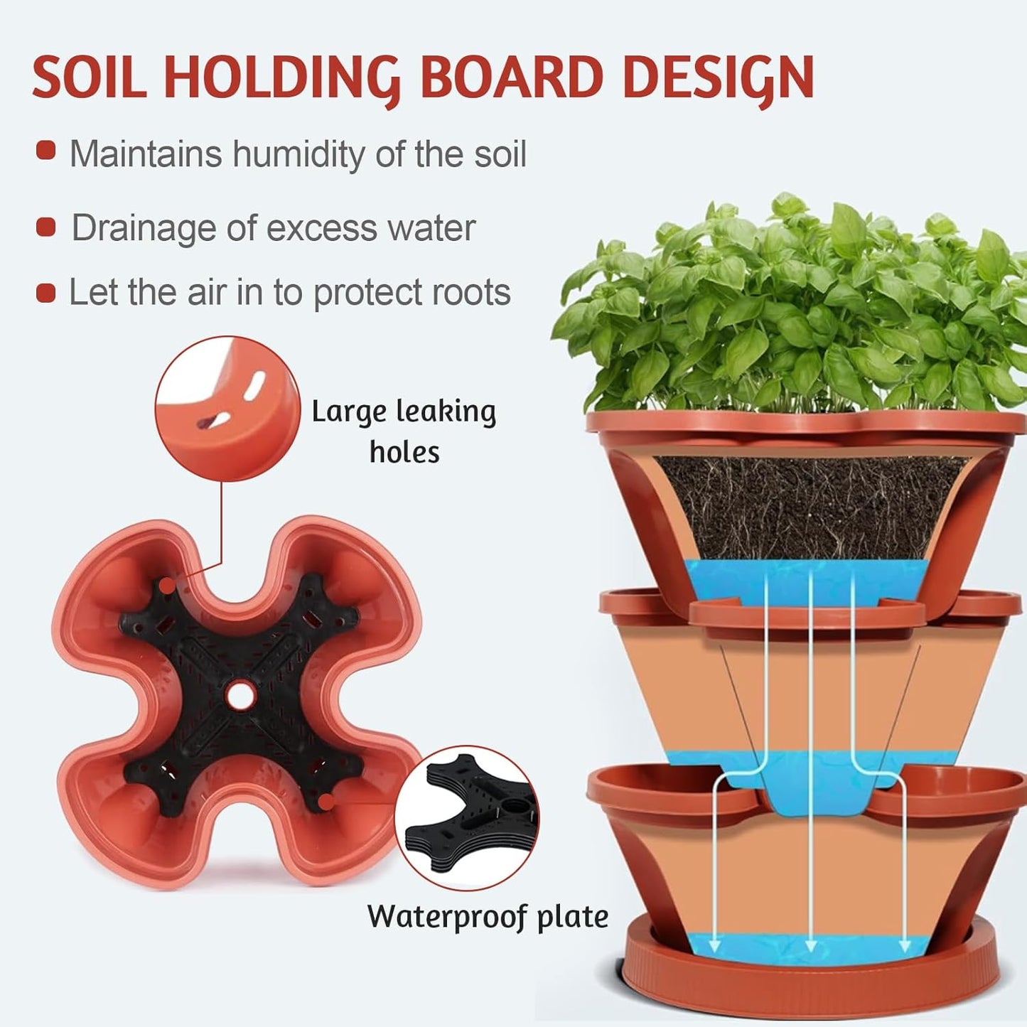 Vertical Strawberry Planter-5 Tier Stackable Herb Tower Planters Stacking Garden Planters Pot Outdoor with Tools Removable Wheels for Growing Flowers, Vegetables and Succulents