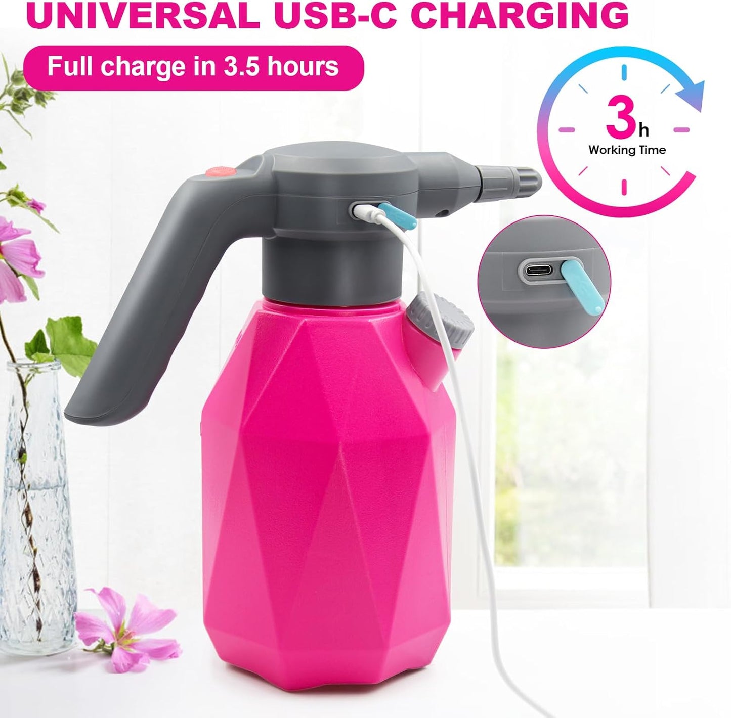 0.5 Gallon Electric Spray Bottle Plant Mister for Indoor/Outdoor Plants, 2L Automatic Watering Can Rechargeable Battery Powered Sprayer with Adjustable Spout for Garden, Fertilizing, Cleaning