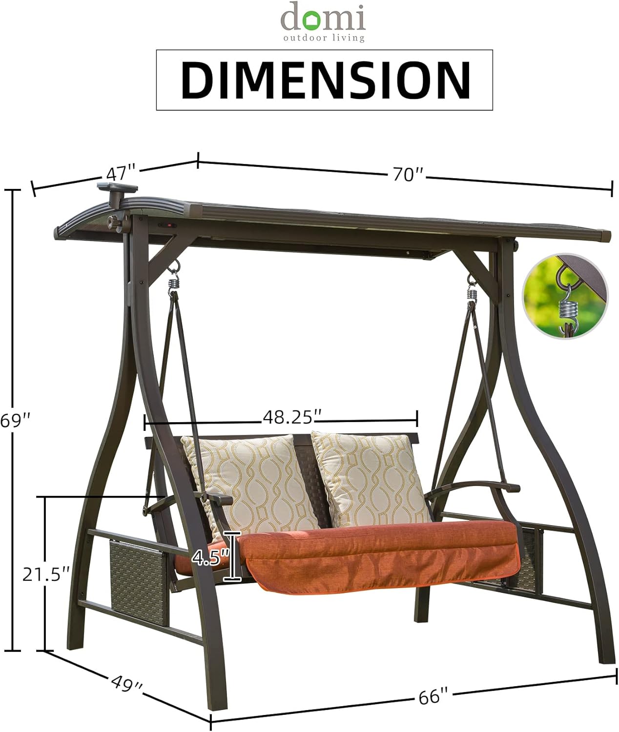 Domi Porch Outdoor Patio Swing with Adjustable Hardtop Polycarbonate Canopy, 2-seat Swing Chair Bench with Solar LED Light for Backyard Yard Poolside Porch Lawn, Cushion and Pillows Included