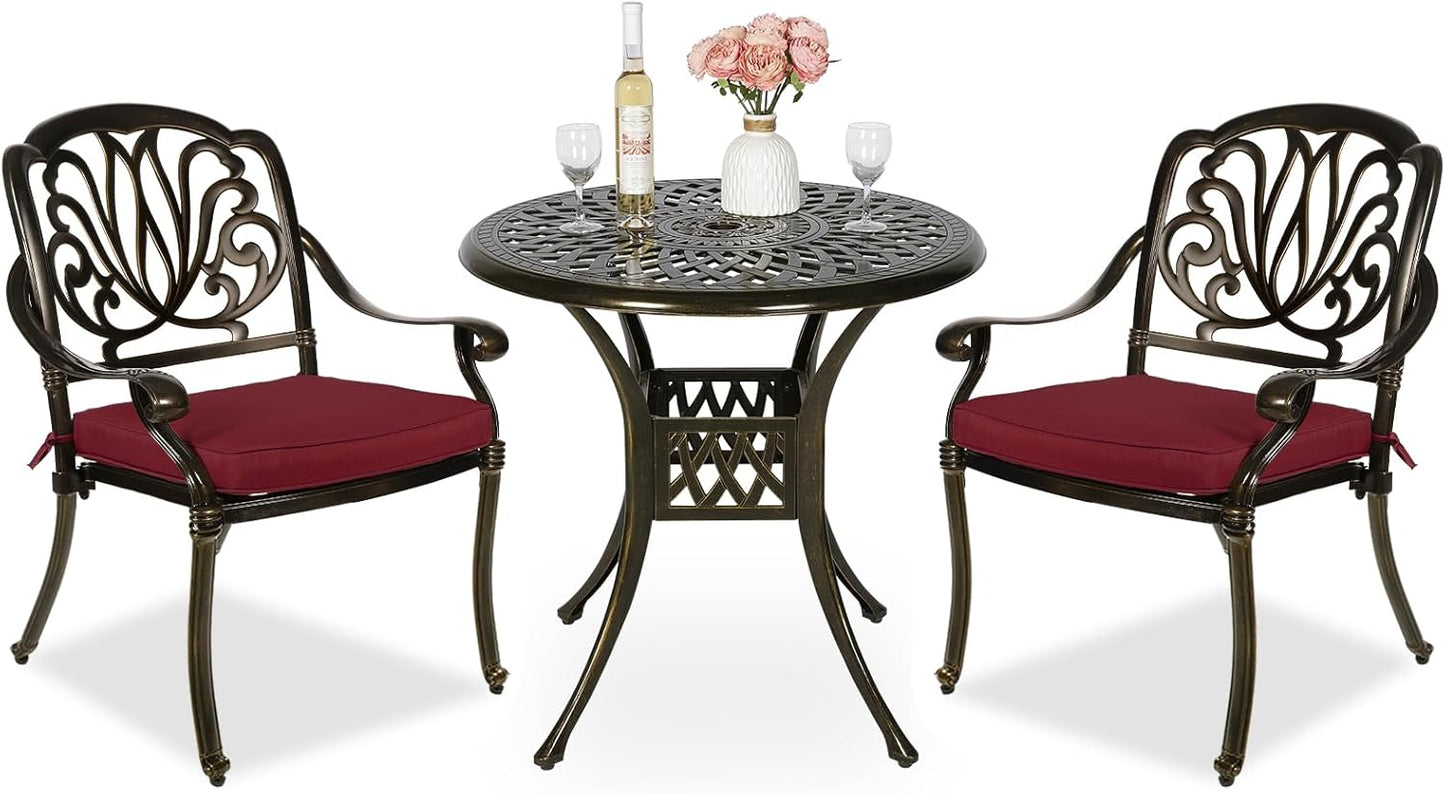 MEETWARM 3 Piece Patio Bistro Set, Outdoor All-Weather Cast Aluminum Dining Furniture Set Includes 2 Cushioned Chairs and a 31” Round Table with Umbrella Hole for Garden Deck, Chili Red