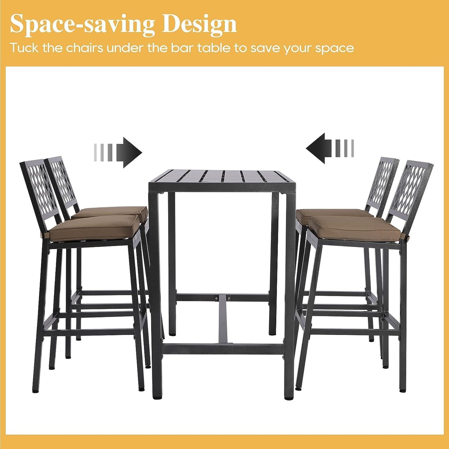 Outdoor Patio Bar Set, Bar Height Patio Dining Set, Weather-Resistant Bistro Counter Pub Set with Cushions & Slatted Tabletop for Backyard