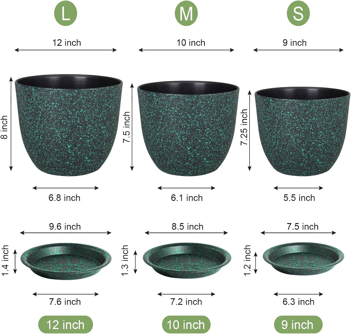 Large Flower Pots 12/10/9 inch, Set of 3 Decorative Plastic Planters with Drainage Holes and Saucers for Garden House Plants, Plant Pots for Indoor Outdoor Plants, Black with Green Speckles