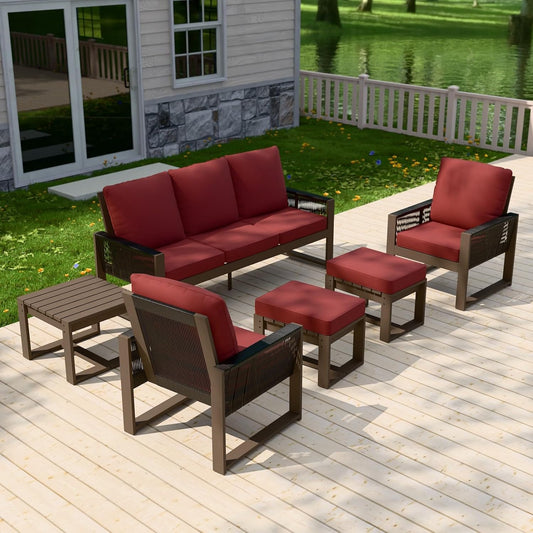 EAGLE PEAK Natural Wood Outdoor Patio Furniture, Cedar Furniture, Conversation Set, Outdoor Seating for Deck Patio Porch, Sofa 2 Chairs 2 Ottomans & Side Table, 6 Pieces, Brown/Red