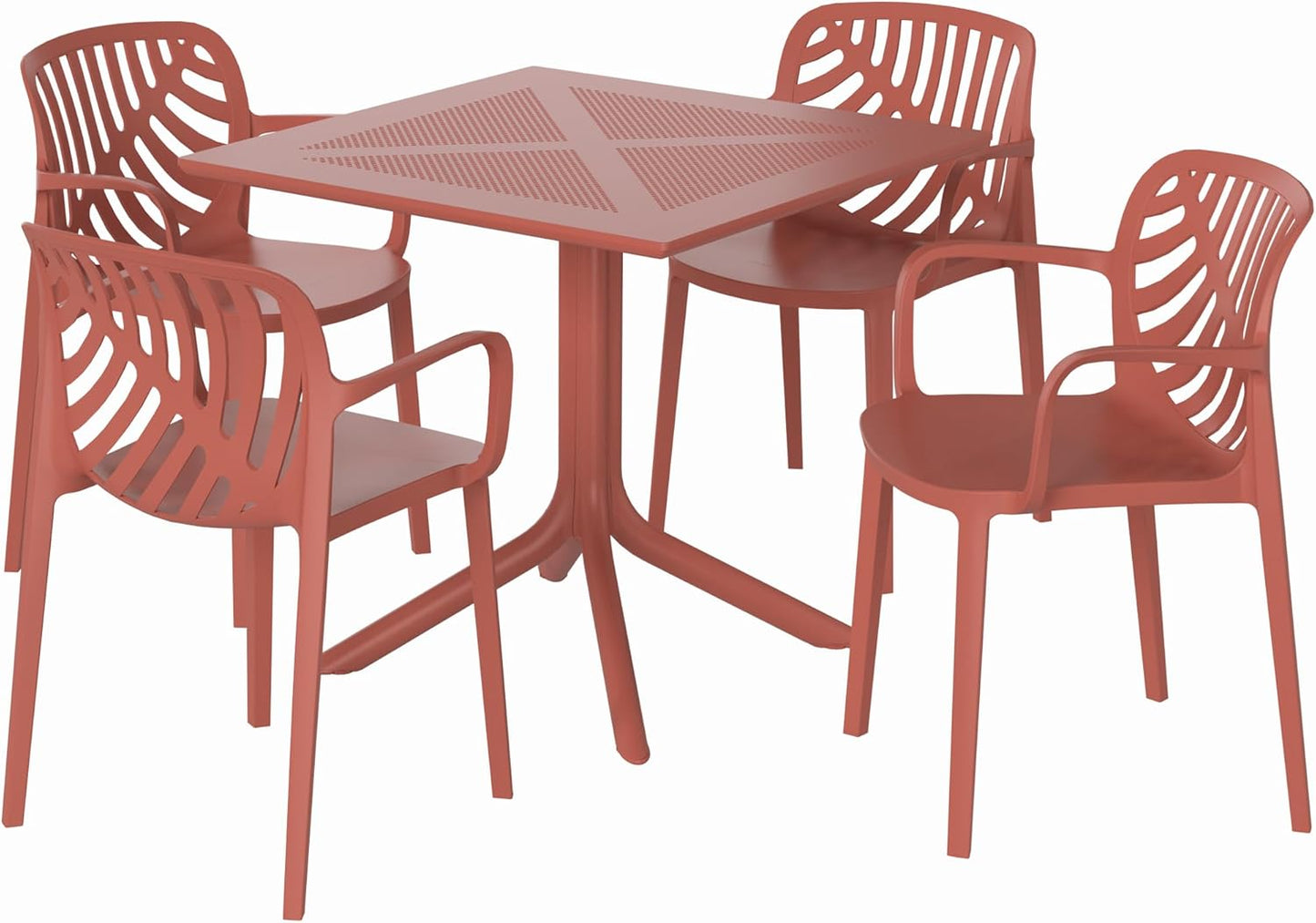 Breakfast Table Set for 4, HDPE Patio Square Dining Table and Stackable Chairs, Outdoor Small Patio Furniture Set All Weather for Backyard Porch Poolside, Red