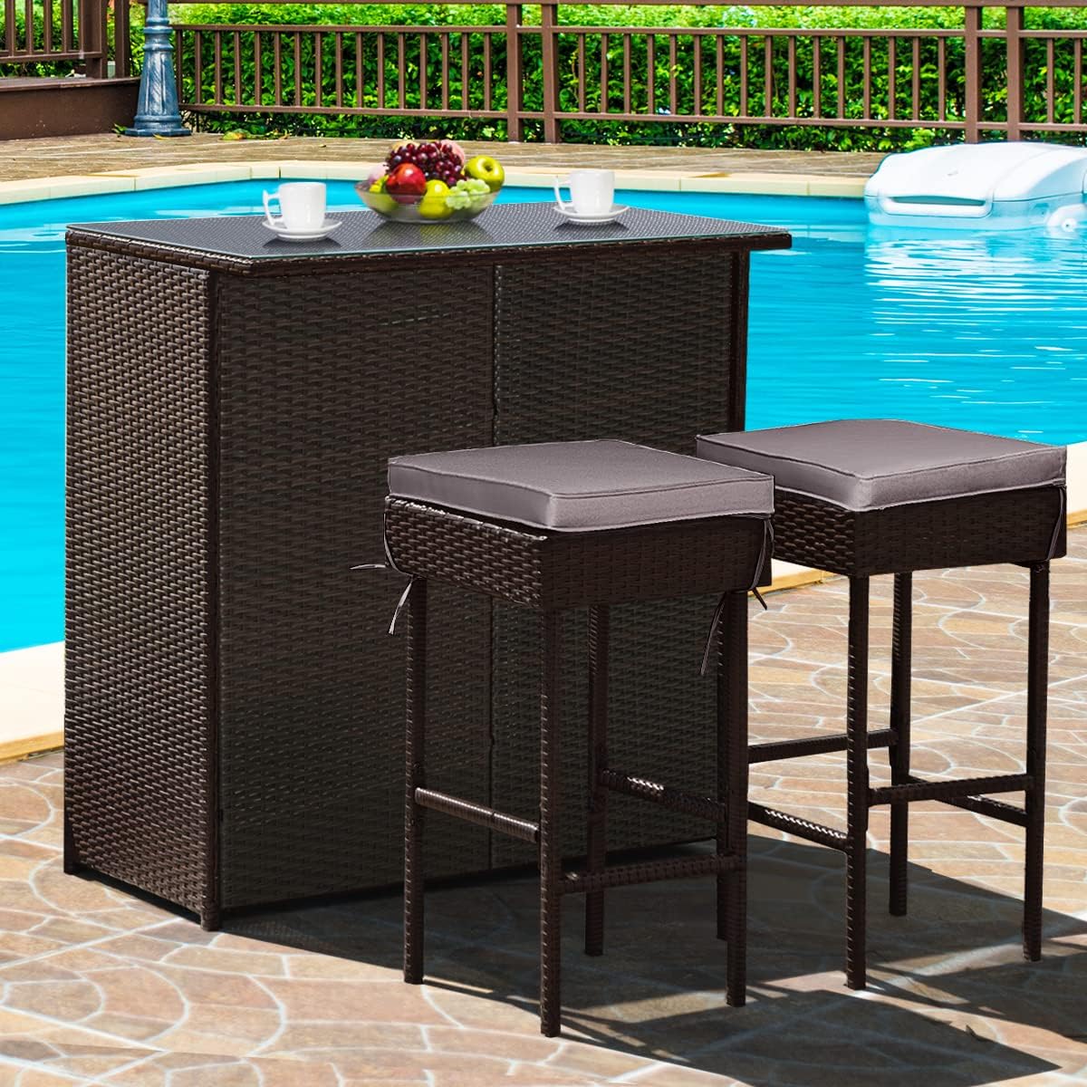 Tangkula Patio Bar Set, 3 Piece Outdoor Rattan Wicker Bar Set with 2 Cushions Stools & Glass Top Table, Gray & Off White Cover, Outdoor Furniture Set for Patio Backyard Porch Garden Poolside