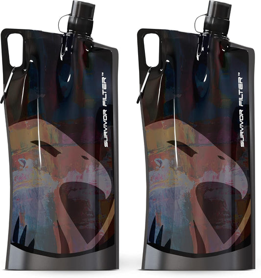 Survivor Filter Collapsible Water Bottles, Canteens (32oz) 2 Pack (2L Total) - Durable Carabiners and Handles. Squeeze Water through a Filter or Use as Water Bottles
