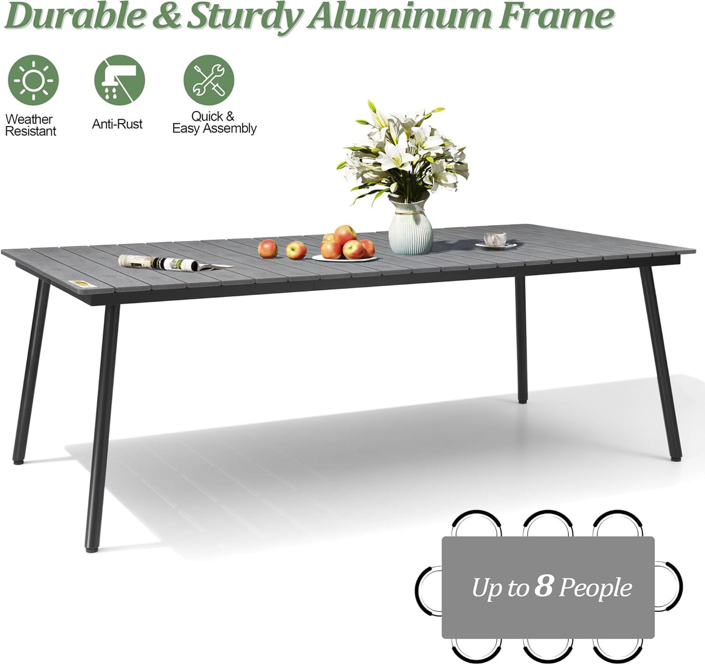 Outdoor Dining Table for 6-8, 82.7 inch Patio Dining Table with Wooden-Like Top and Aluminum Frame, Rectangular Table with Umbrella Hole Outdoor Furniture, Grey