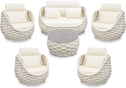 Sunroom Furniture Sets: 6 Pieces Aluminum Woven Rope Patio Conversation Sofa Set Cushioned - Modern Outdoor Couch Set No Assembly - Armchair Set Porch Deck Garden Poolside Gazebo Hotel - Beige