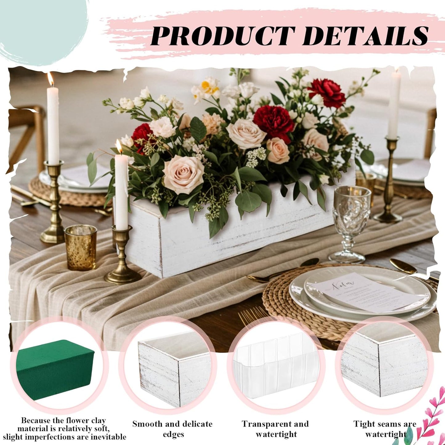 Dandat 3 Set Wood Boxes for Centerpieces 12x4 Inch Rectangle Wooden Planter Box Rustic Wooden Planters with Removable Plastic Liner Floral Foam Blocks for Home Wedding Garden Decor