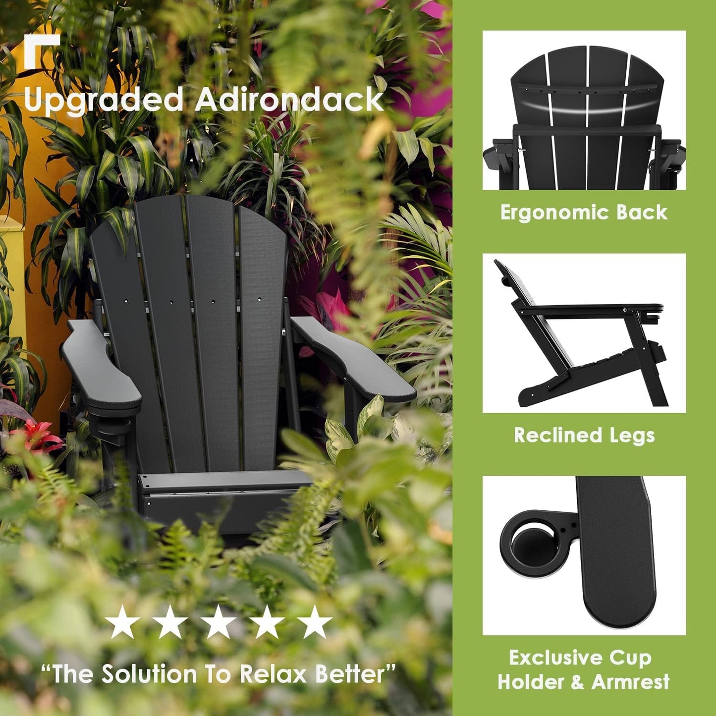 GREENVINES Folding-Adirondack-Chairs-Set-of-4 | HDPE Plastic | Fire Pit Chair | All Weather | Cup Holder | Black | for Deck Backyard Patio Outdoor Garden
