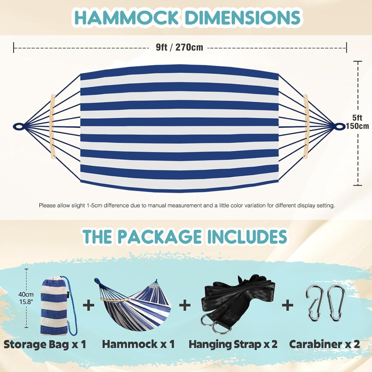 Anyoo Garden Cotton Hammock Comfortable Fabric Hammock with Spreader Bar Sturdy Hammocks Up to 450lbs Portable Lightweight Hammocks with Travel Bag for Camping Outdoor/Indoor Patio Backyard