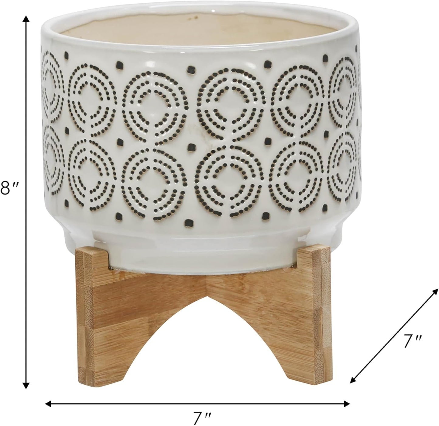 Sagebrook Home Ivory Ceramic Planter with Wooden Stand - Decorative Indoor/Outdoor Plant Pot - Modern Boho Home & Garden Decor - Stylish Round Flower Pot for Succulents & Herbs - 8", Ivory & Tan