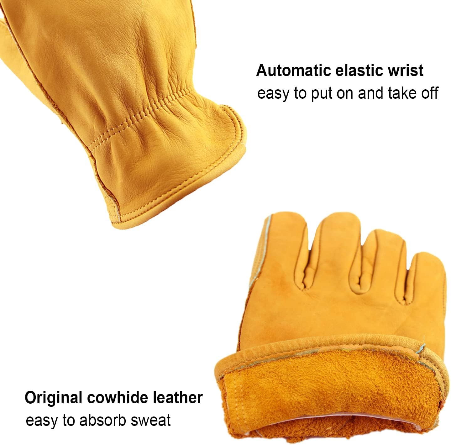 OZERO Leather Work Gloves for Men: 3 Pairs Cowhide Working Gloves Abrasion Resistant Driver Glove for Heavy Duty Yard Work DIY Women Gardening Glove Gold Large