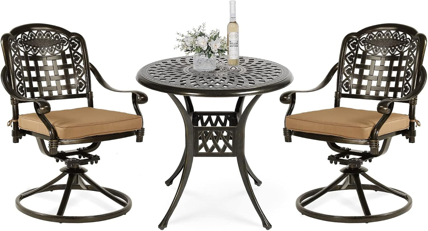 VIVIJASON 3-Piece Patio Bistro Set, Outdoor All-Weather Cast Aluminum Furniture Dining Set, Include 2 Swivel Chairs and 31" Round Table w/Umbrella Hole for Balcony, Lawn, Garden, Antique Bronze
