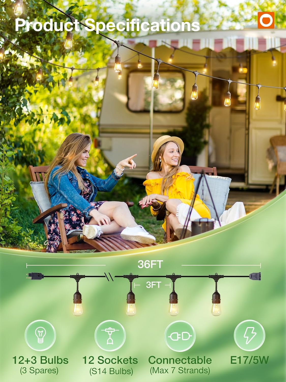 addlon 36 FT Outdoor String Lights Commercial Grade Weatherproof Strand, 15 Edison Vintage Bulbs, 12 Hanging Sockets and 3 Spare Bulbs, ETL Listed Decorative Cafe Patio Lights for Bistro Garden