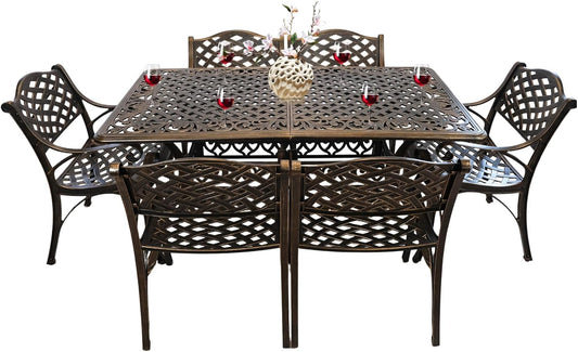 7 Piece Outdoor Dining Set, Cast Aluminum Patio Dining Set for 6 Person, Patio Furniture Set with 59" Rectangle Patio Table(2.56" Umbrella Hole) and 6 Chairs