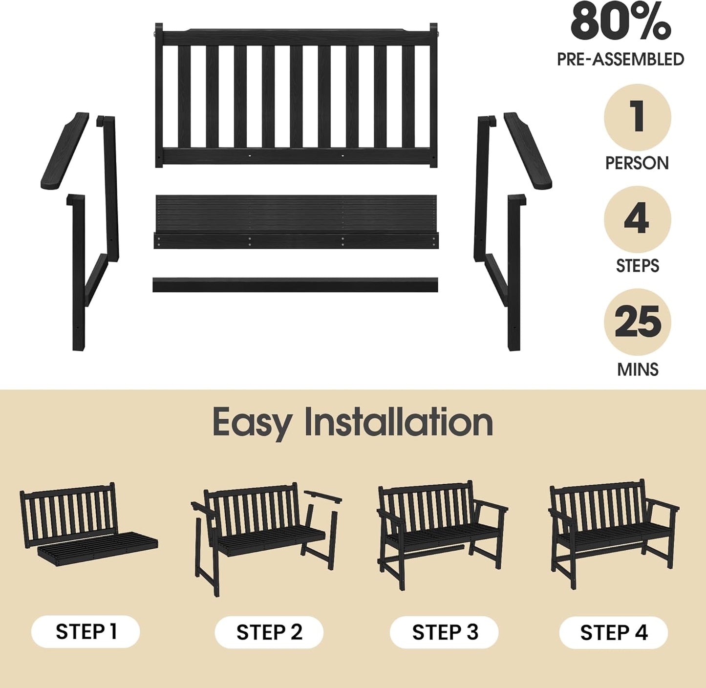 Ciokea 44" Outdoor Bench Set of 2, HDPE Weatherproof Garden Bench, 2-Person Memorial Benches with 550 Lbs, Waterproof Patio Porch Benches for Outside Business Deck Office Backyard Balcony, Black