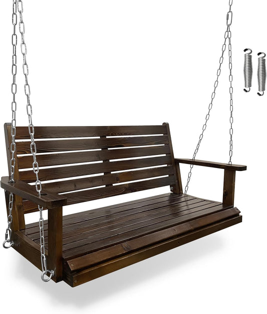 Wooden Porch Swing, Ergonomic Seat, Bench Swing with Hanging Chains and 7mm Springs, Heavy Duty 880 LBS, for Outdoor Patio Garden Yard (Dark Brown, 2-Seater)