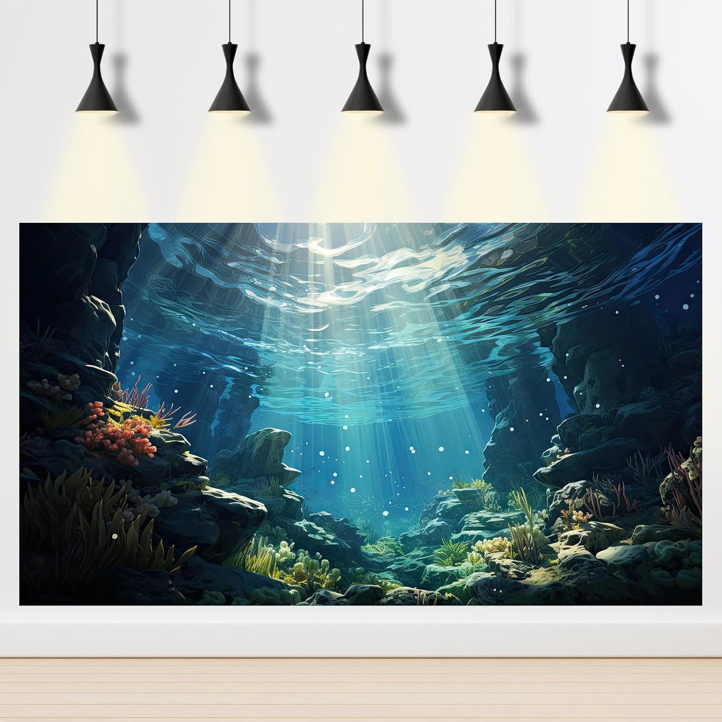 Underwater Aquarium Background Corals and Tropical Fish Terrarium Backdrop Rock Aquatic Plants Sunlight Rays Fish Tank Background Tank Aquarium Wallpaper Poster Decor 60x24in