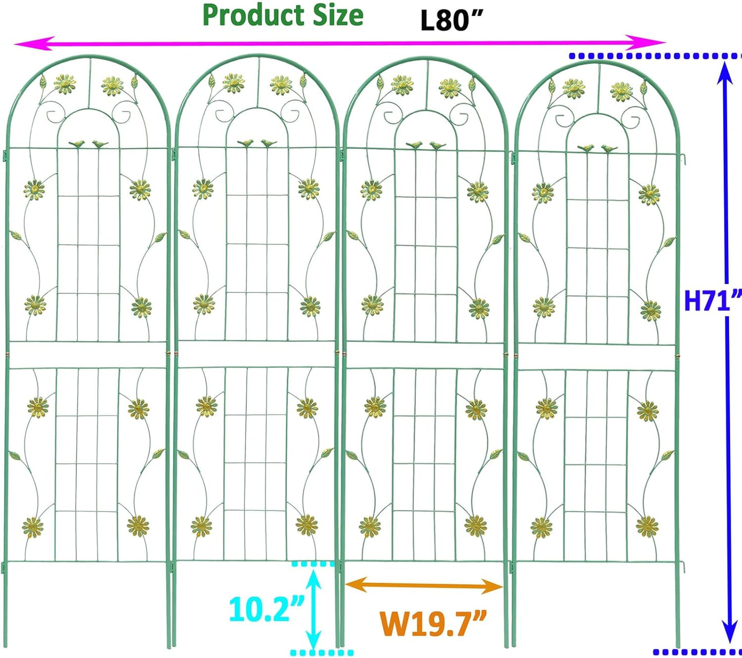 4 Pack Metal Garden Trellis 71" H Garden Fence Rustproof Trellis for Climbing Plants Support Roses Flower Outdoor Lawn, Blue Green