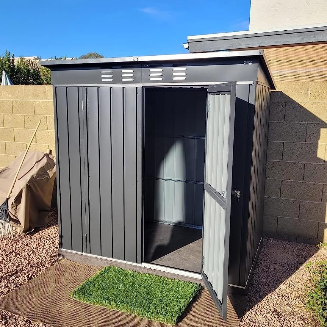 Domi Outdoor Storage Shed 6' x 4.5’, Metal Garden Shed with Galvanized Steel Frame for Bike, Tools, Lawn Mowers, Pool Toys, Outdoor Storage Cabinet with Lockable Door for Garden Lawn Patio (Dark Grey)