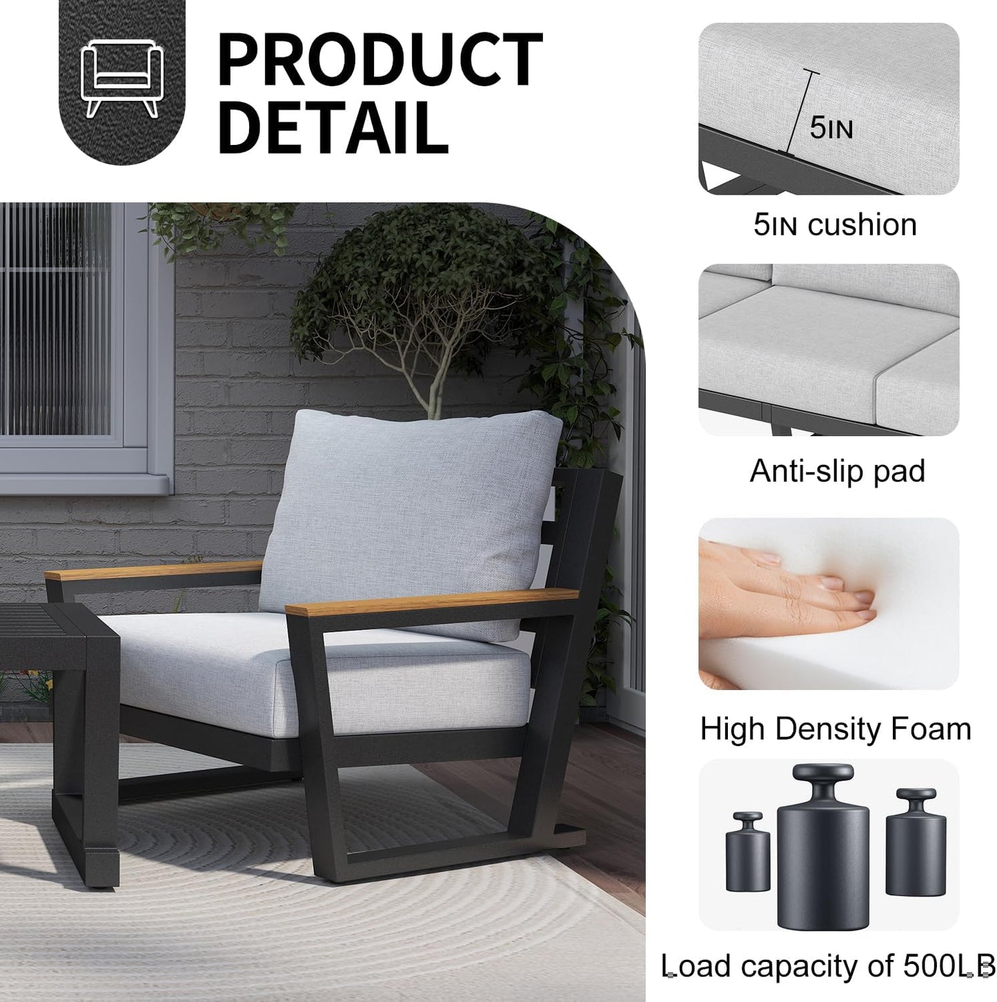 Aluminum Outdoor Sofa,4 Seats Modern Patio Furniture Set,Sectional Sofa Conversation Set with Coffee Table, Upgraded Washable Cushions for Garden Backyard,Grey