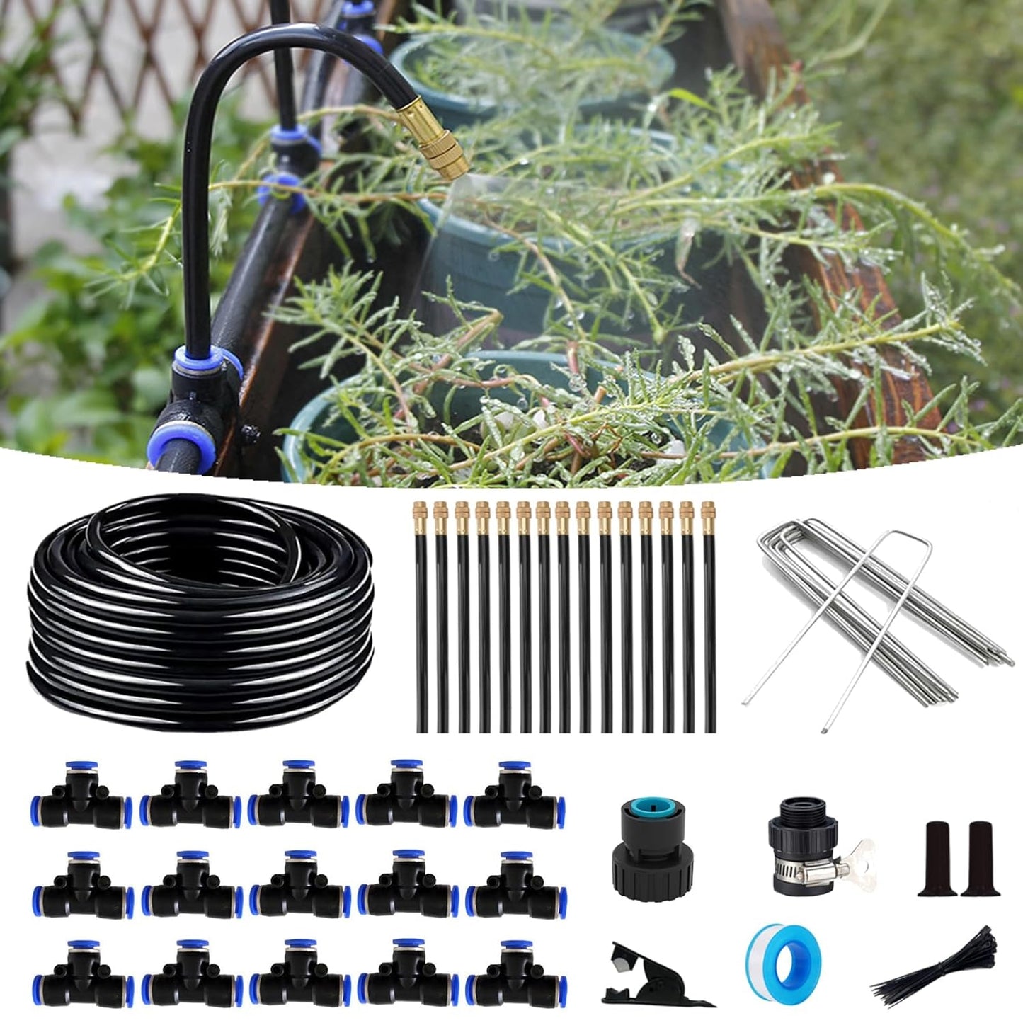 Drip Irrigation Kit Automatic Watering System for Potted Plants, 360 Degree Adjustable Copper Micro Sprinklers, Quick Connect Tubing Fittings for Garden, Lawn, Patio, Balcony(15 Nozzles)