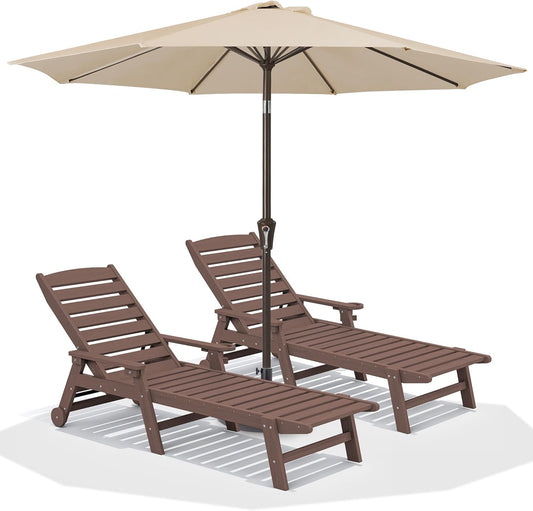 SERWALL Patio Chaise Lounge Chair Set of 2 with 9FT Patio Umbrella, 78'' HDPE Outdoor Lounger, Poly Lounge Chair with Rolling Wheels & Cup Holder for Pool,Coffee Brown (Umbrella Base not Included)