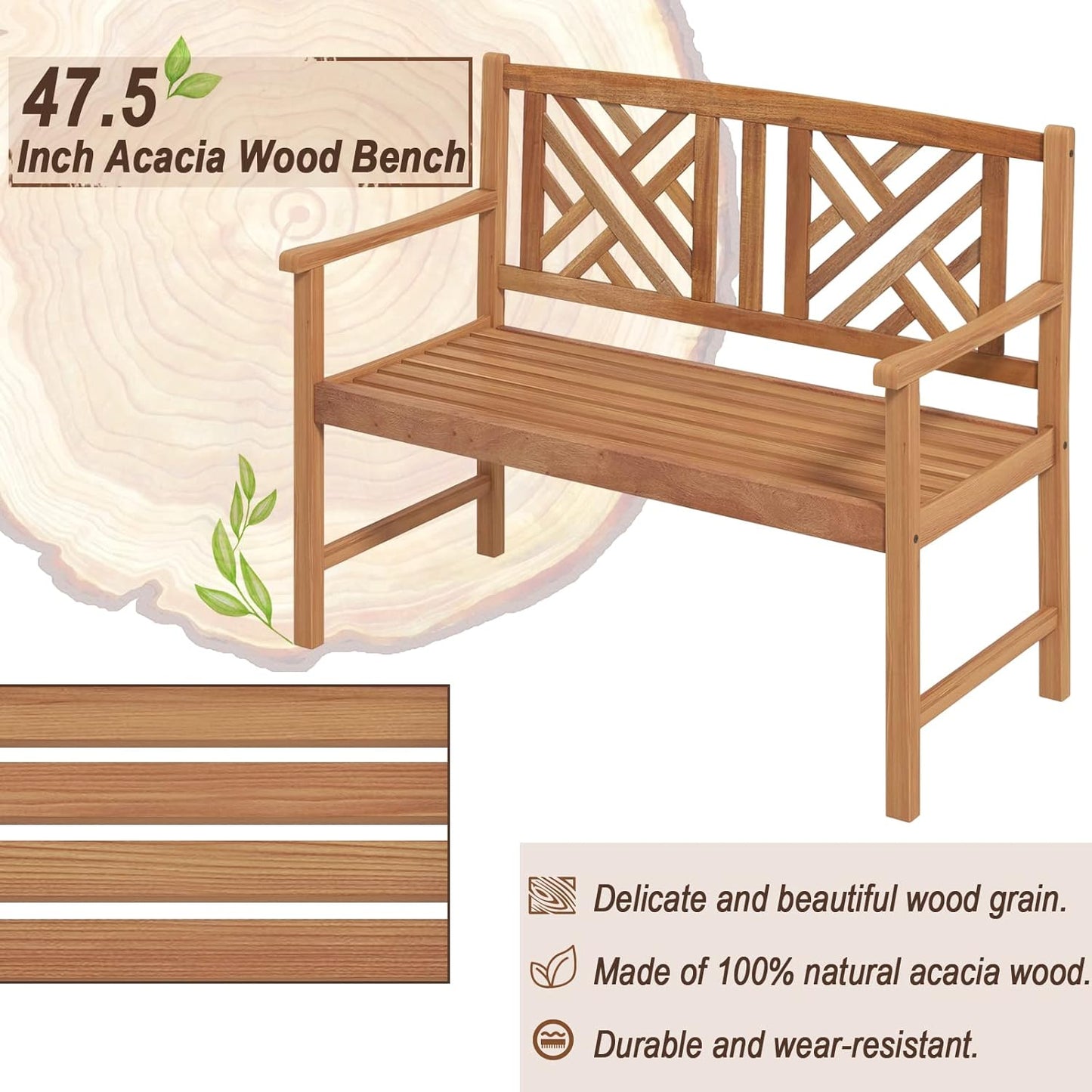 Giantex Outdoor Wooden Garden Bench - 2-Person Acacia Wood Loveseat with Armrests, Backrest, 800lbs Capacity, Patio Park Bench for Backyard, Front Porch Bench (Non-Foldable)