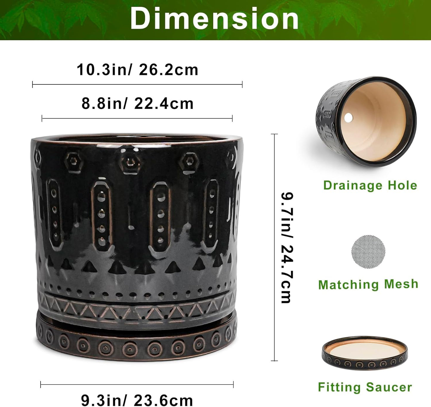 Ceramic Planter for Indoor Plants - 10 Inch Plant Pots with Drainage Hole and Saucer, Round Decorative Flower Pots Outdoor, Boho Large Planter, Room Decor, House Warming Gifts, Black