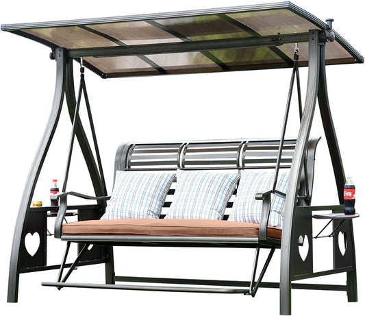 3-Seat Solar Outdoor Patio Swing Chair with Footrest Outdoor Porch Swing with Aluminum Frame Adjustable Tilt Canopy for Poolside Balcony Backyard (Plaid Pillow + Brown Cushion)