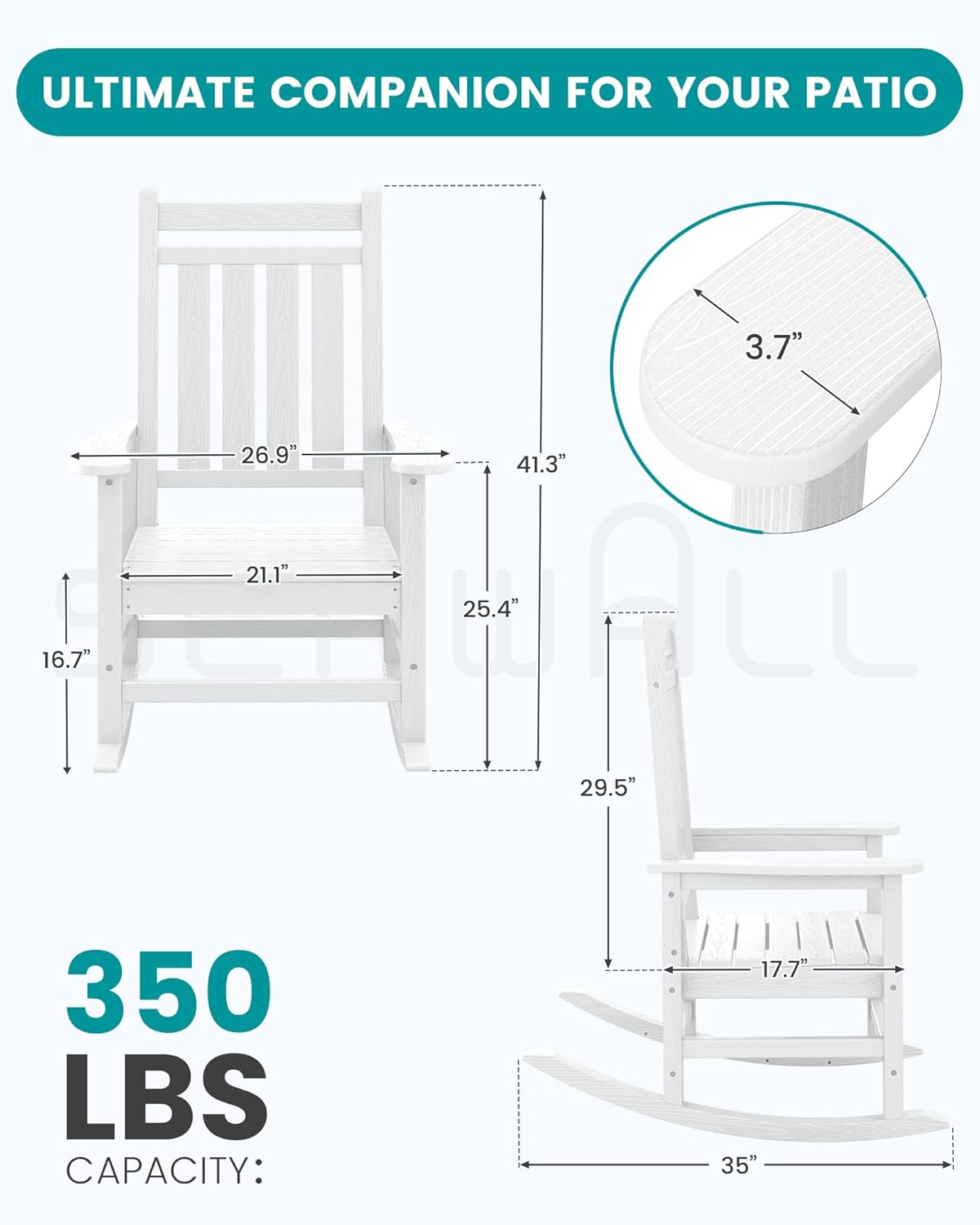 SERWALL Oversized Rocking Chair, Outdoor Rocking Chair for Adults, All Weather Resistant Porch Rocker for Lawn Garden, White