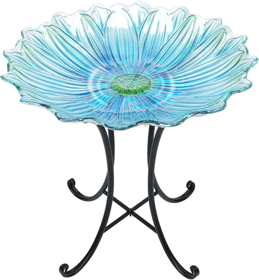MUMTOP Outdoor Glass Birdbath with Metal Stand for Outside Yard Garden Decor, 18 inch Diameter Blue Bird Baths Bowl for Outdoors, 21 inch Height