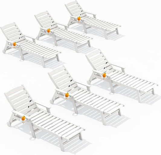 SERWALL Patio Chaise Lounge Chair Set of 6, 5 Positions Adjustable Poly Outdoor Lounge Chair for Pool, HDPE Lounge Chair with Rolling Wheels & Cup Holder for Poolside, Deck, White