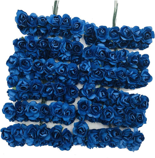 Mini Fake Rose Flower Heads 144pcs Mini Artificial Mulberry Paper Roses Flower with Wire Stem DIY Wedding Flowers Accessories Make Bridal Hair Clips Headbands Dress (Navy Blue)